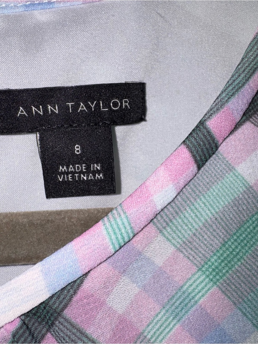 Ann Taylor Green Pink Plaid Drop Waist Short Sleeve chiffon lightweight Dress 8 - Picture 3 of 14